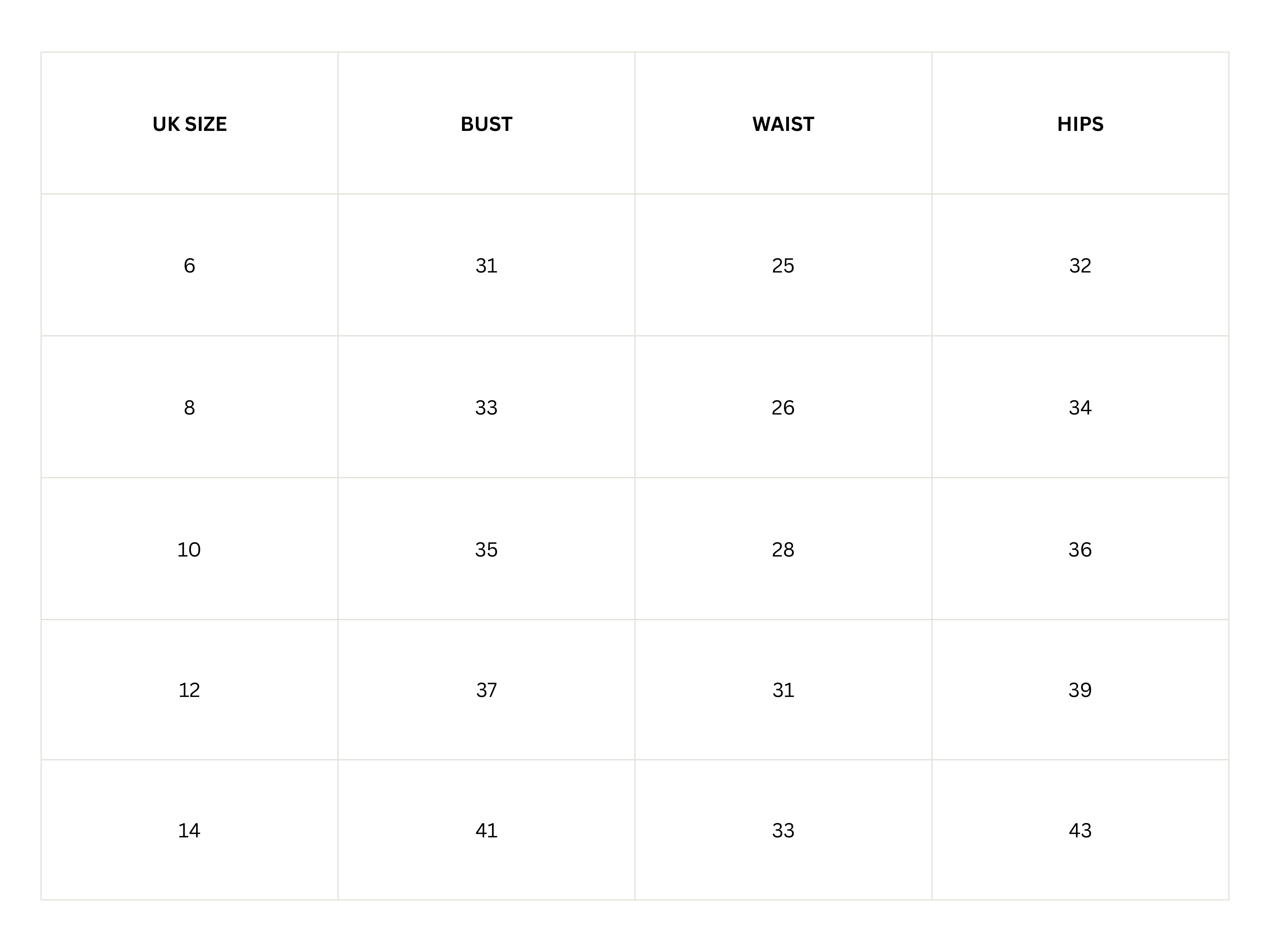 Size guide (inches)