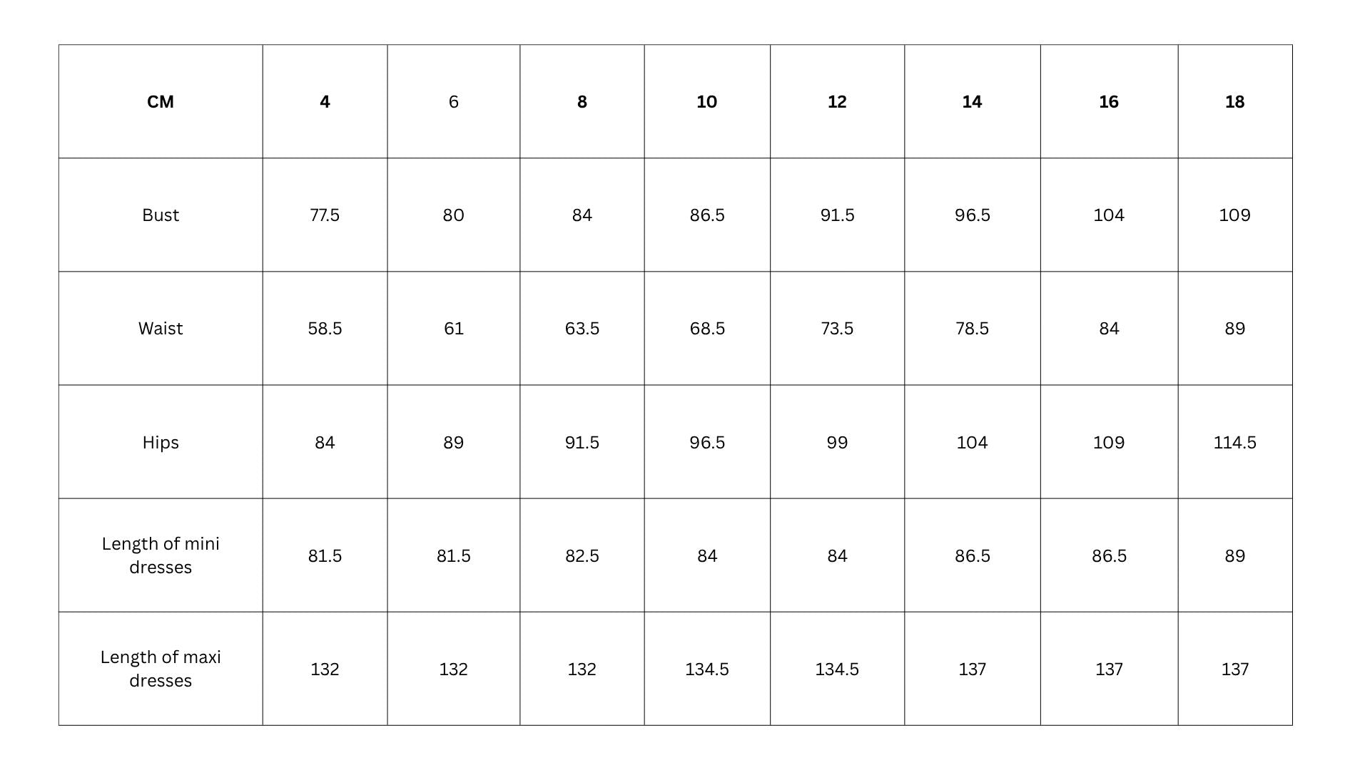 Size guide in centimetres