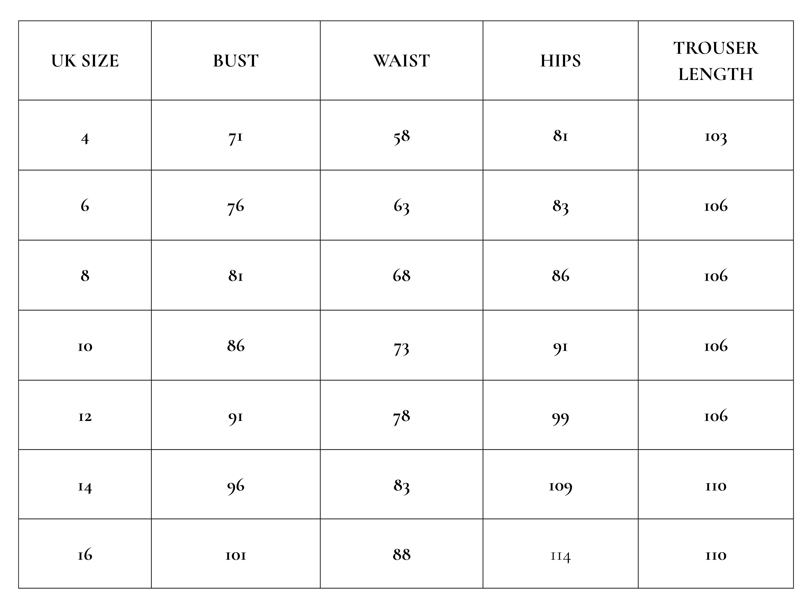 Size guide in centimetres