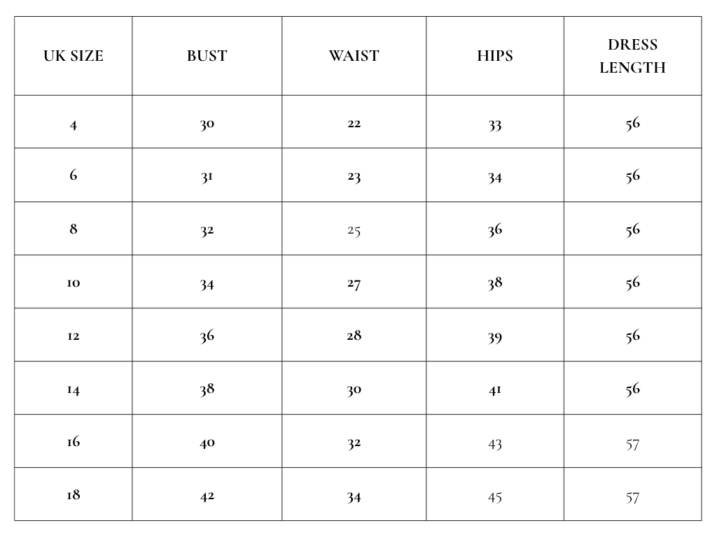 Size guide in inches